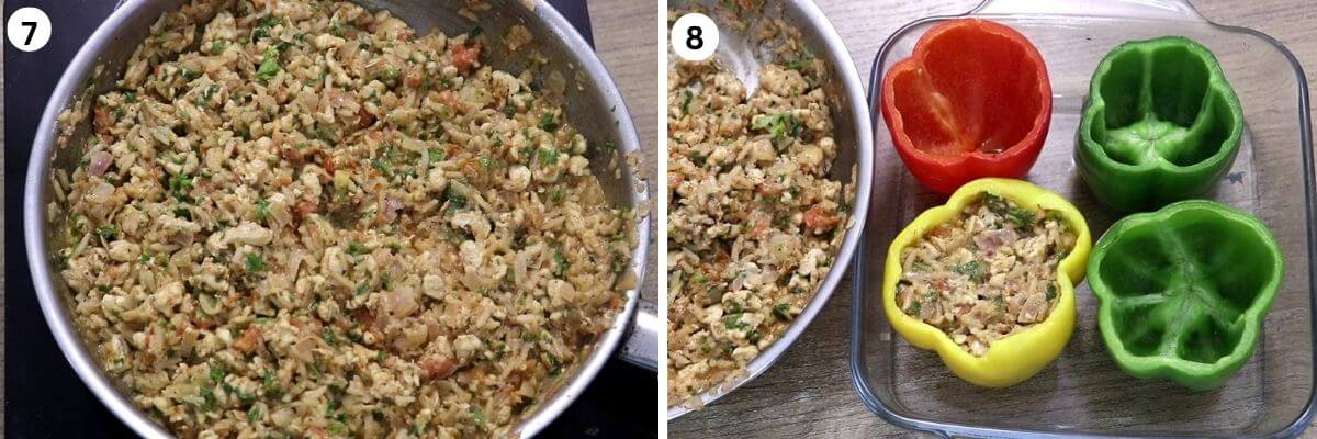 Filling bell peppers with chicken and rice stuffing for Mediterranean stuffed peppers.