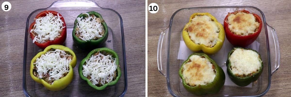Before and after baking stuffed peppers filled with chicken and rice in the oven.