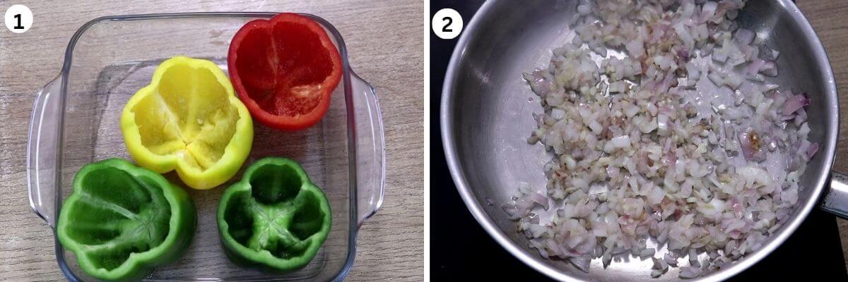 Preparing bell peppers and sautéing onions for the Mediterranean stuffed pepper filling.