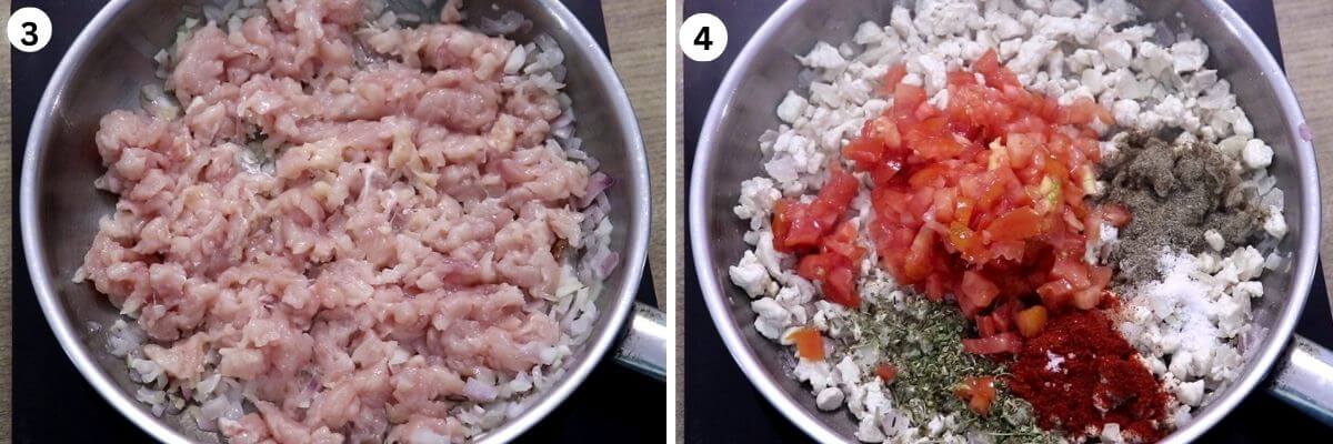 Cooking chicken with tomatoes and seasonings for the Mediterranean stuffed pepper filling.