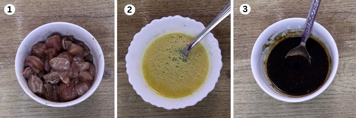 Collage of 3 images showing preparations to make chicken fried rice recipe. It shows marinating chicken, beaten eggs, and making sauce-mix.