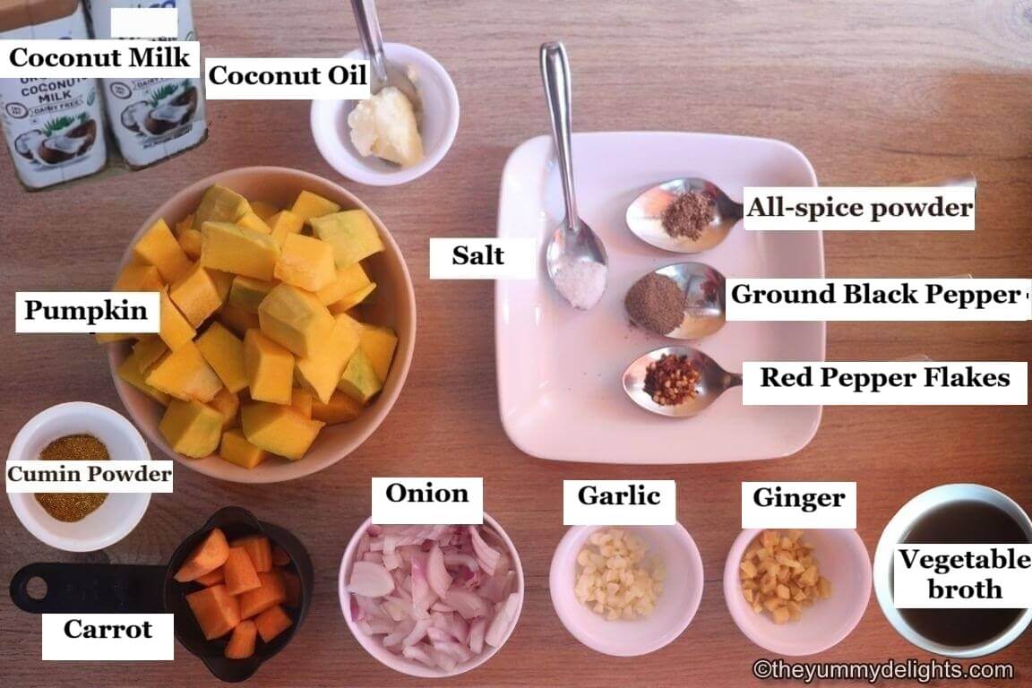 individually labelled ingredients to make pumpkin soup with coconut milk are laid out on a table.