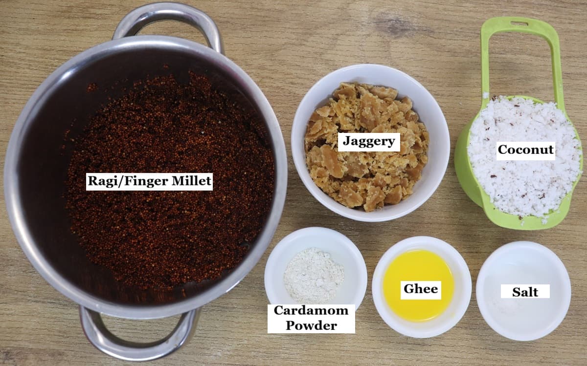 individually labelled ingredients to make ragi manni are laid out on a table.