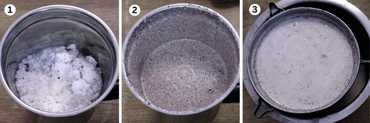 Collage of 3 images showing blending ragi and coconut to make ragi manni.