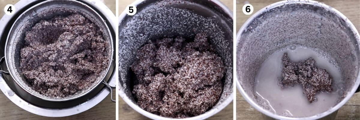collage of 3 images showing straining ragi and coconut milk for ragi manni.