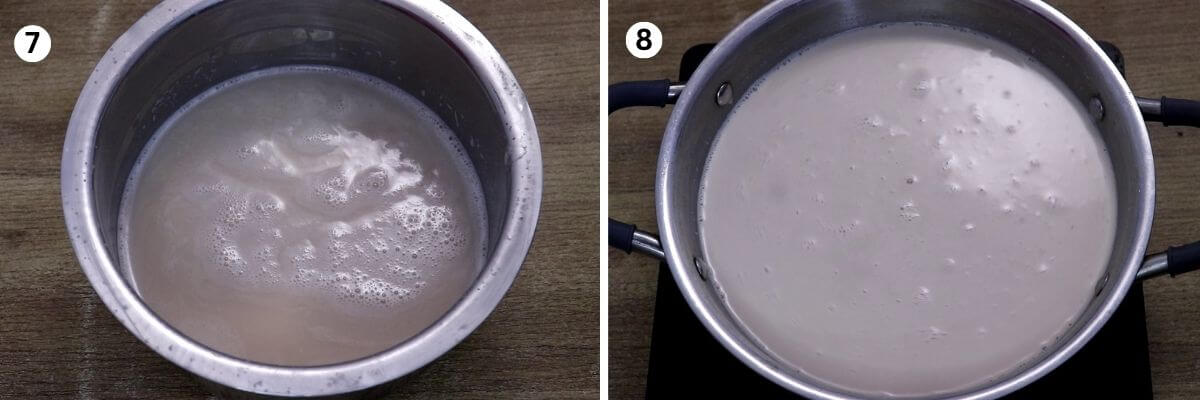 Collage of 2 images showing cooking ragi milk with jaggery for ragi manni.
