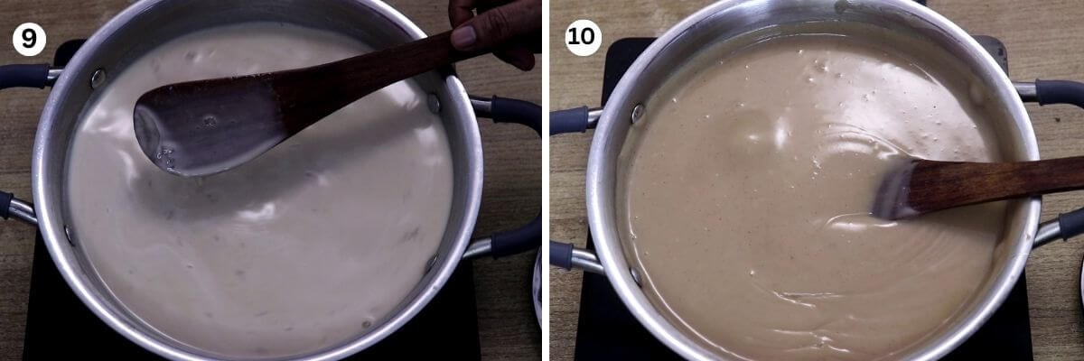 collage of 2 images showing Ragi Manni mixture thickening in a pan.