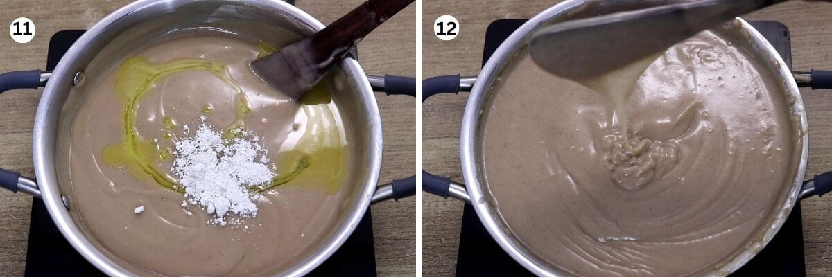 Collage of 2 images showing addition of ghee and cardamom powder to ragi manni mixture and cooking it.