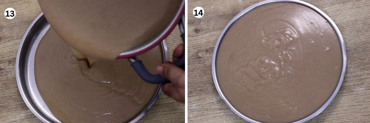 Pouring Ragi Manni mixture in a greased plate to cool down.
