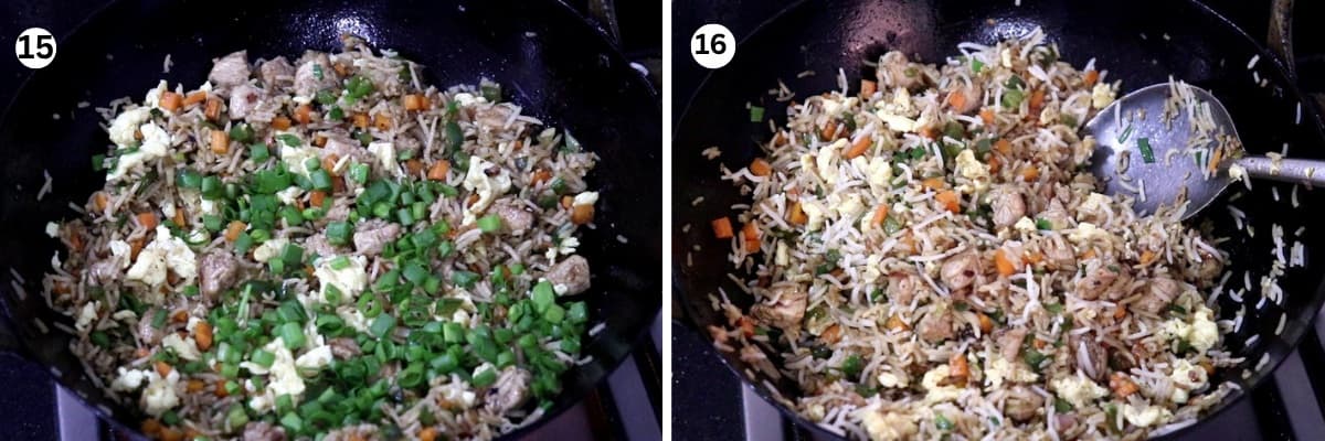 Collage of 2 images showing Chicken fried rice being stir-fried in a wok.