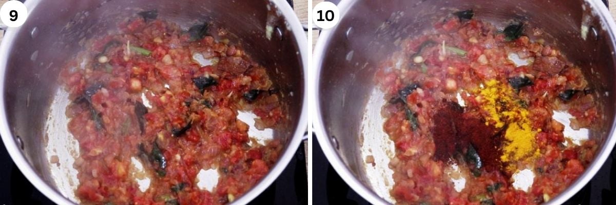 collage of 2 images showing cookin gtomatoes and addition of spices to make salna curry.