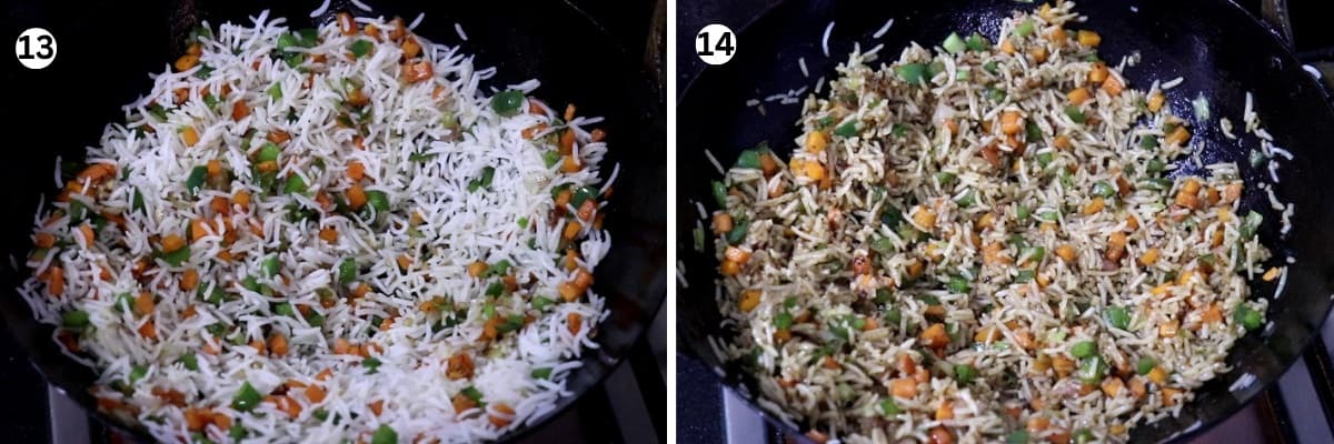 stir-frying rice for chicken fried rice in a wok.