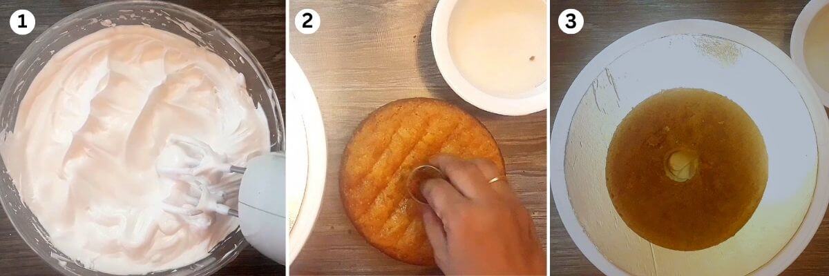 collage of 3 images showing how to make barbie doll cake. It shows whipping the cream, making hole on sponge cake and placing it on cake board.