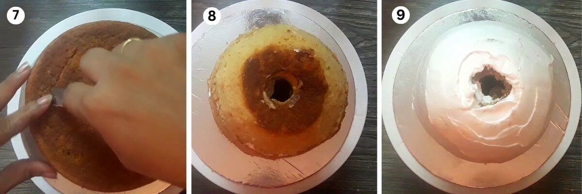 Collage of 3 images showing shaping the stacked sponge cakes into a dome for the Barbie doll cake dress using a serrated knife.