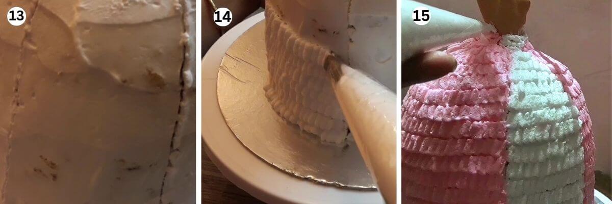 Decorating a Barbie doll cake with white and pink whipped cream ruffles on the skirt and piped whipped cream details on the bodice.