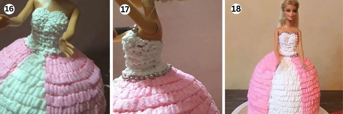 collage of 3 images showing Barbie doll cake decorated with edible silver pearls on the pink and white whipped cream dress, showing the finished cake.