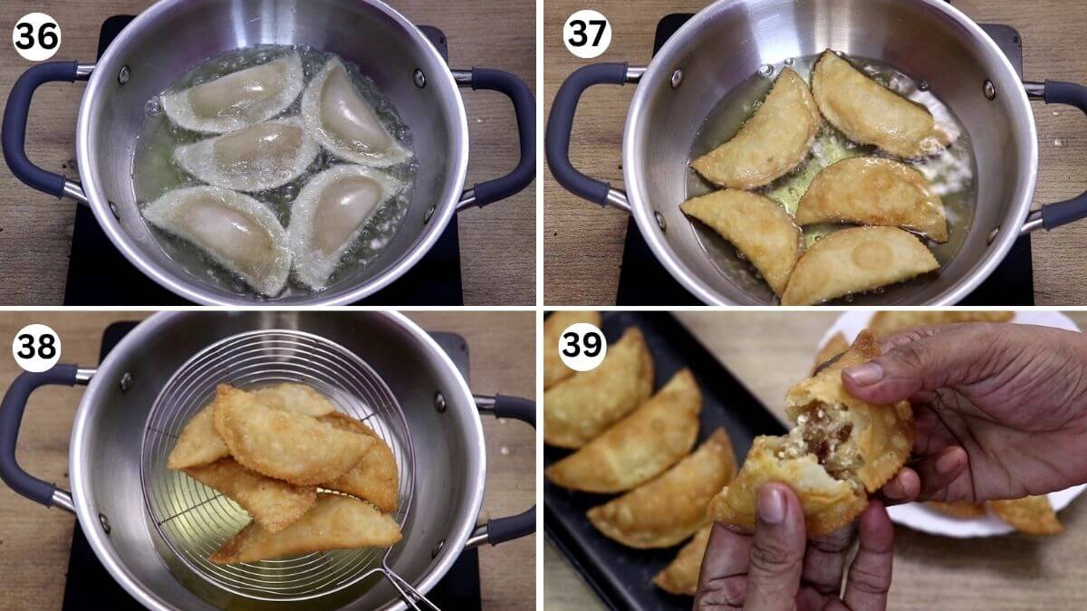 collage of 4 images showing frying karanji.