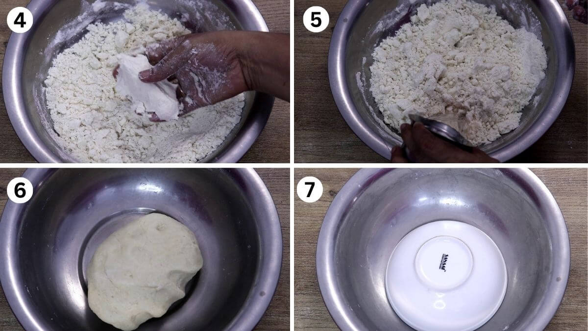 collage of 4 steps showing kneading karanji dough.