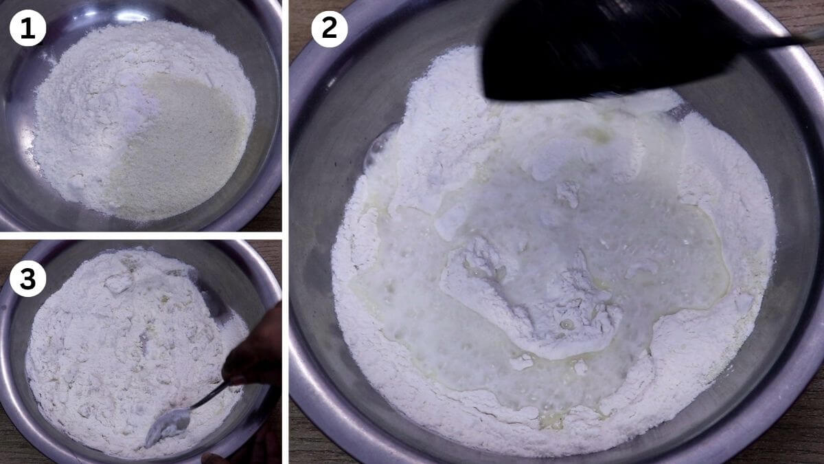 collage of 3 images showing preparing karanji dough by adding hot oil and mixing it with a spoon.