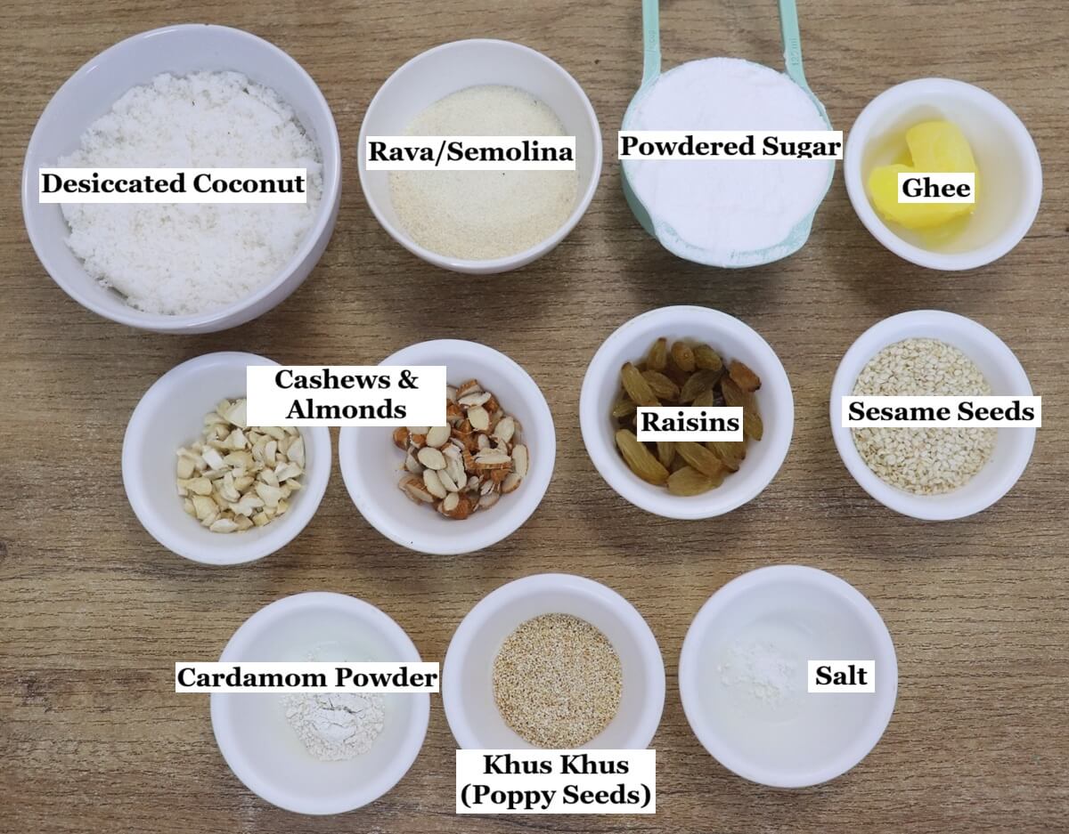 individually labelled ingredients to make karanji are laid out on a table.
