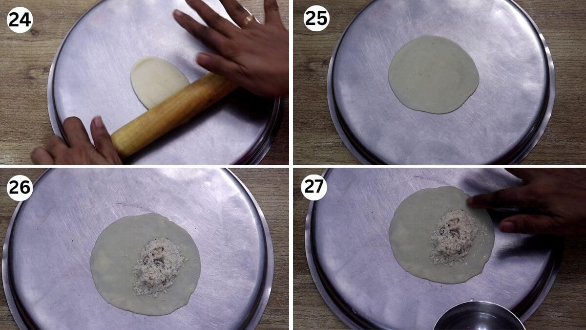 collage of 4 images showing filling the karanji with coconut stuffing.