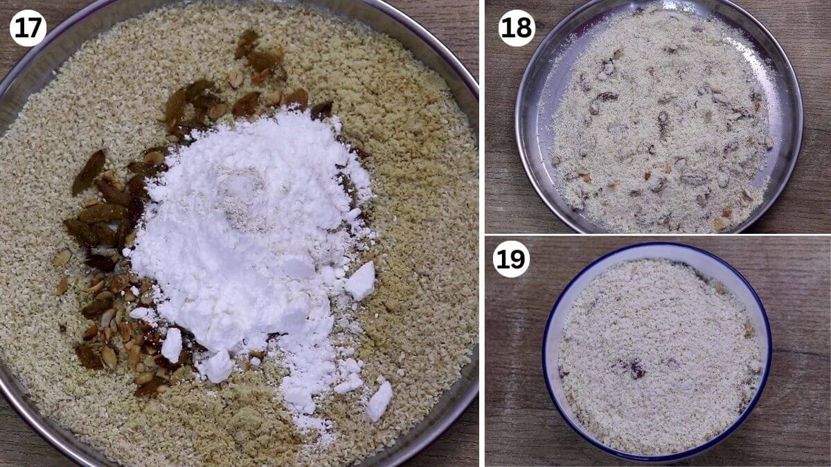 mixing roasted karanji stuffing ingredients with powdered sugar.