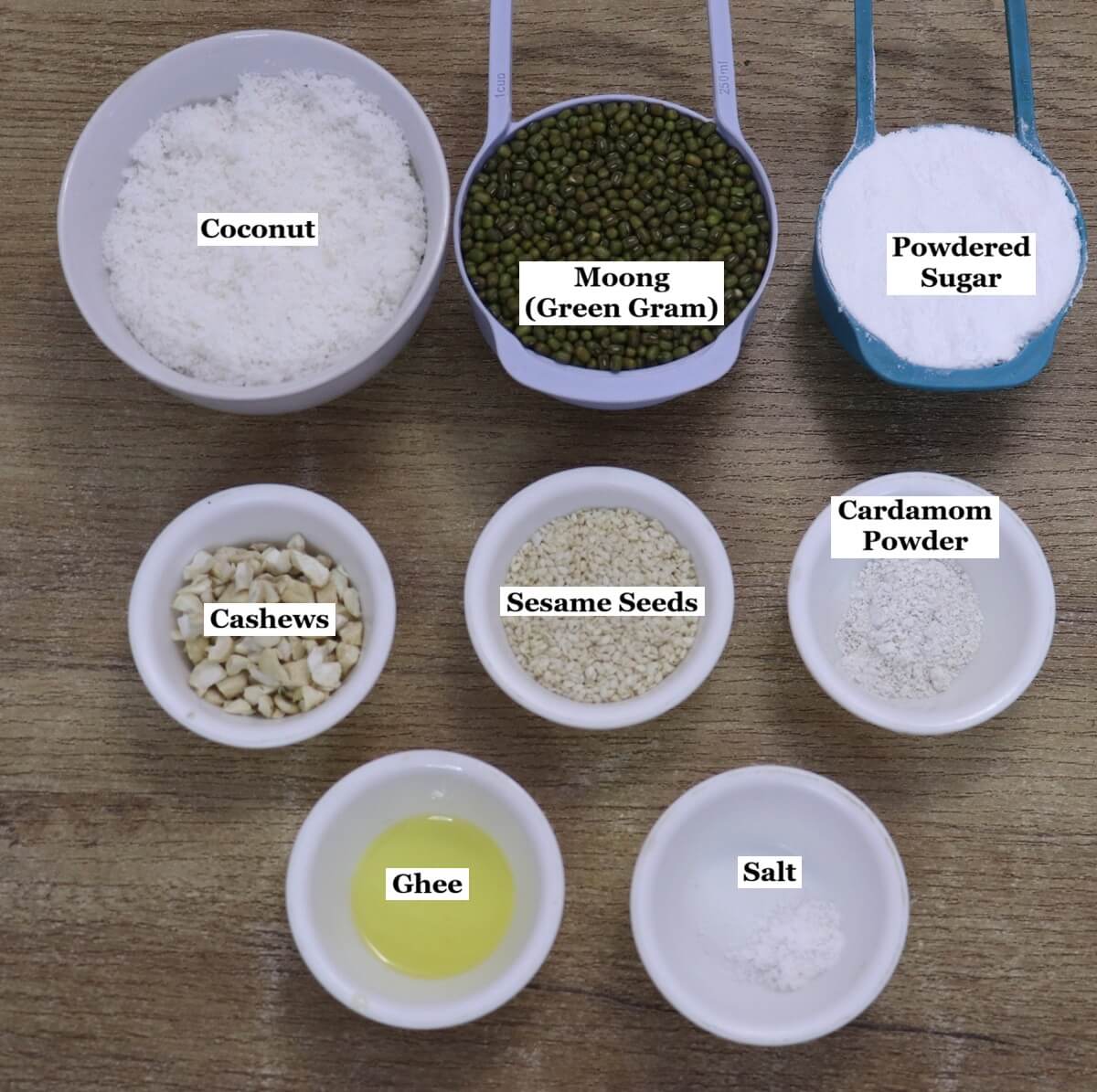 individually labelled ingredients to make pittachyo neureo filling (saran) are laid out on a table.