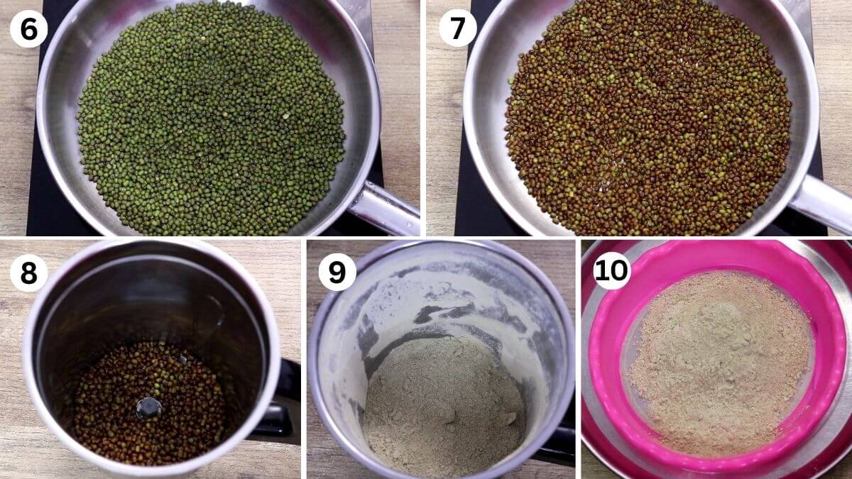 Collage of making the sweet roasted moong dal filling for Goan Pittachyo Neureo.