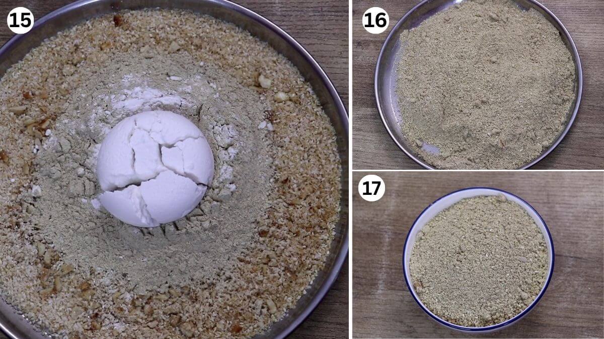 Collage of adding powdered sugar to the sweet moong dal filling for Goan Pittachyo Neureo.