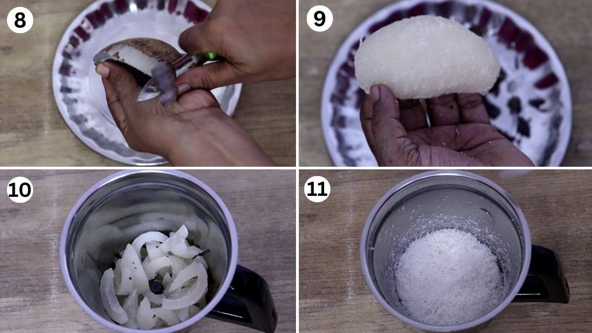 preparing desiccated coconut for karanji recipe.