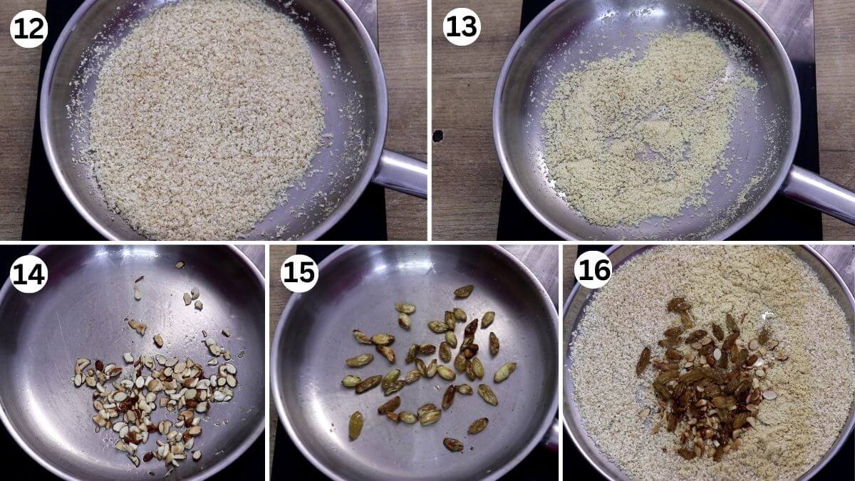 roasting coconut, rava, and nuts for karanji stuffing.